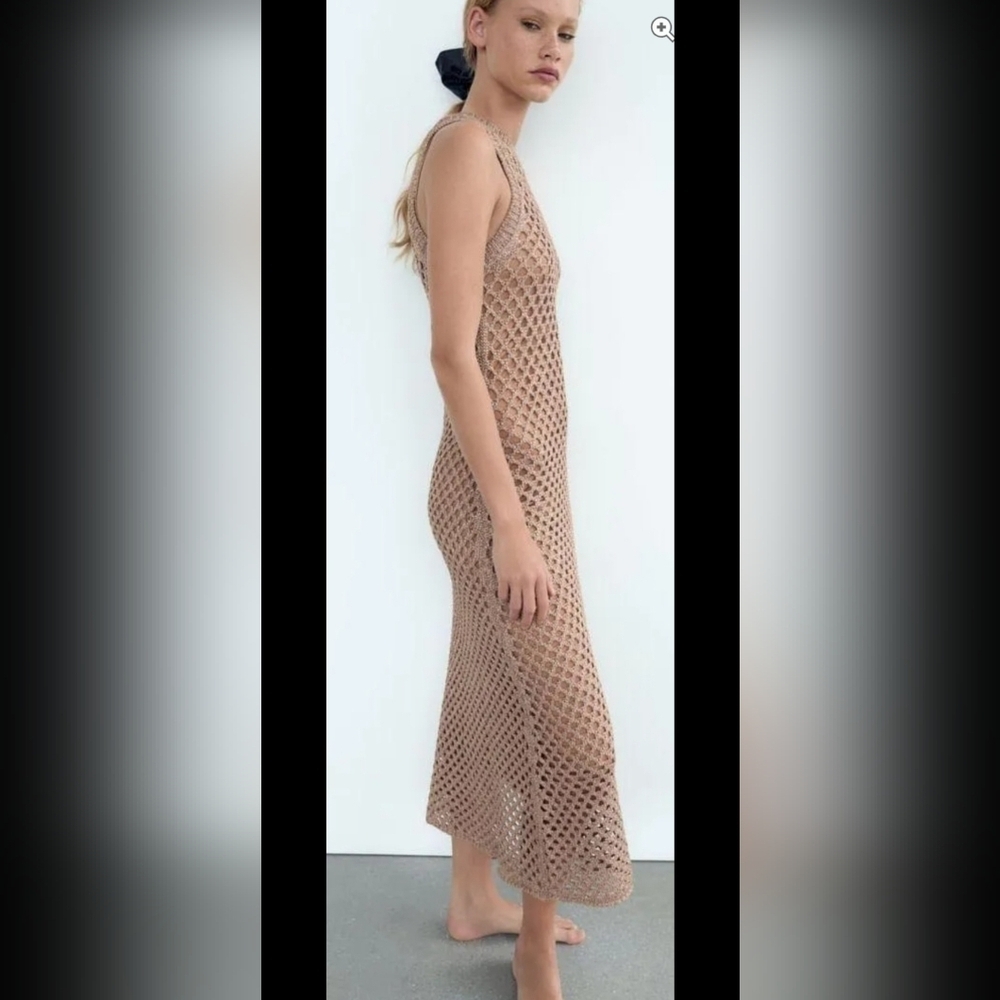 Zara Metallic Crochet Fishnet Midi Dress Gold Open Knit Cover Up Size Small - Picture 10 of 16